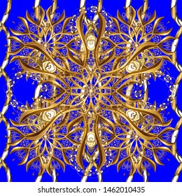 Traditional classic golden pattern. Seamless oriental ornament in the style of baroque. Golden pattern on brown and blue colors with golden elements. Vector oriental ornament.