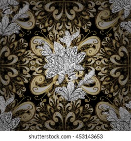 Traditional classic golden pattern. Seamless oriental ornament in the style of baroque. Vector oriental ornament. Golden pattern on colors with golden elements.