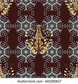 Traditional classic golden pattern. Seamless oriental ornament in the style of baroque. Golden pattern on brown background with golden elements. Vector oriental ornament.