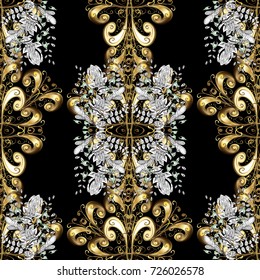 Traditional classic golden pattern. Seamless oriental ornament in the style of baroque. Golden pattern on black, white and brown colors with golden elements. Vector oriental ornament.