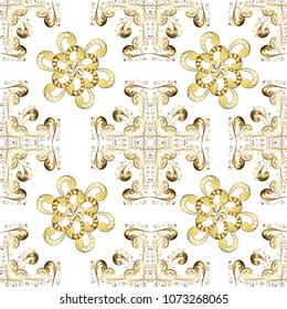 Traditional classic golden pattern. Vector oriental ornament. Seamless oriental ornament in the style of baroque. Golden pattern on white, beige and yellow colors with golden elements.