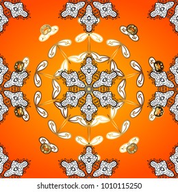 Traditional classic golden vector pattern on orange, white and black colors with golden elements. Seamless oriental ornament in the style of baroque.