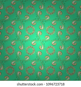 Traditional classic golden vector pattern on green, beige and brown colors with golden elements. Seamless oriental ornament in the style of baroque.
