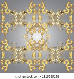 Traditional classic golden vector pattern on gray, yellow and brown colors with golden elements. Round oriental ornament in the style of baroque.