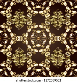 Traditional classic golden vector pattern on brown, black and yellow colors with golden elements. Ornamental oriental ornament in the style of baroque.