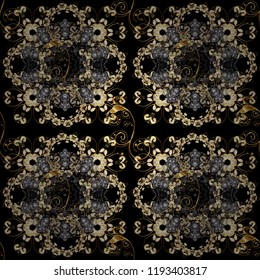 Traditional classic golden vector pattern on black, gray and beige colors with golden elements. Seamless oriental ornament in the style of baroque.
