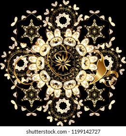 Traditional classic golden vector pattern on black, brown and white colors with golden elements. Seamless oriental ornament in the style of baroque.