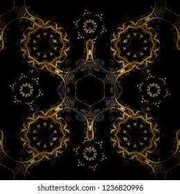 Traditional classic golden vector pattern on yellow colors with golden elements. Seamless oriental ornament in the style of baroque.