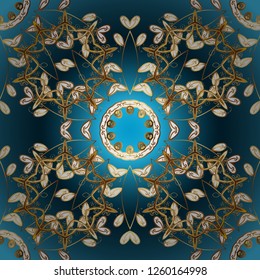 Traditional classic golden vector pattern on blue, brown and white colors with golden elements. Ornamental oriental ornament in the style of baroque.