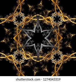 Traditional classic golden vector pattern on brown and black colors with golden elements. Seamless oriental ornament in the style of baroque.