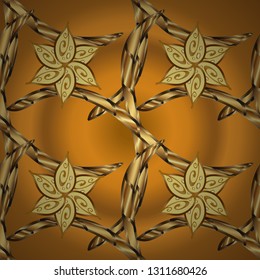 Traditional classic golden vector pattern on brown and yellow colors with golden elements. Seamless oriental ornament in the style of baroque.