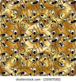 Traditional classic golden vector pattern on brown and yellow colors with golden elements. Seamless oriental ornament in the style of baroque.