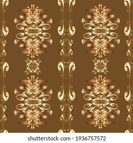 Traditional classic golden vector pattern on brown, yellow and beige colors with golden elements. Seamless oriental ornament in the style of baroque.