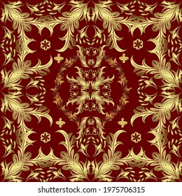 Traditional classic golden vector pattern on red, yellow and neutral colors with golden elements. Seamless oriental ornament in the style of baroque.