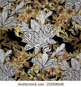 Traditional classic golden vector pattern on black colors with golden elements. Seamless oriental ornament in the style of baroque.