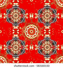 Traditional classic golden vector pattern on red background with golden elements. Oriental ornament in the style of baroque.