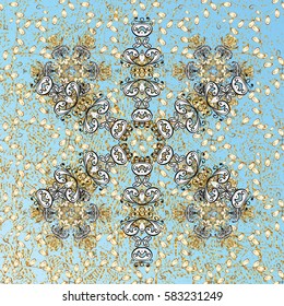 Traditional classic golden vector pattern on blue background with golden elements. Oriental ornament in the style of baroque.