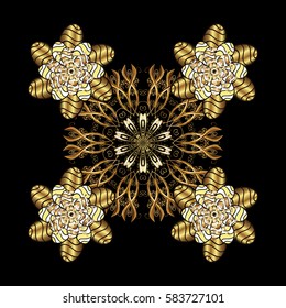Traditional classic golden vector pattern on black background with golden elements. Oriental ornament in the style of baroque.