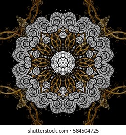 Traditional classic golden vector pattern on black background with golden elements. Seamless oriental ornament in the style of baroque.