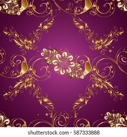 Traditional classic golden vector pattern on purple background with golden elements. Seamless oriental ornament in the style of baroque.