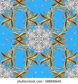 Traditional classic golden vector pattern on blue background with golden elements. Oriental ornament in the style of baroque.