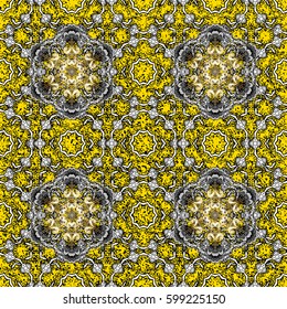 Traditional classic golden vector pattern on yellow background with golden elements. Oriental ornament in the style of baroque.
