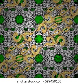 Traditional classic golden vector pattern on green background with golden elements. Oriental ornament in the style of baroque.