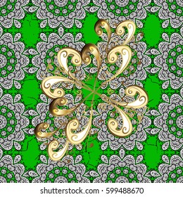 Traditional classic golden vector pattern on green background with golden elements. Oriental ornament in the style of baroque.