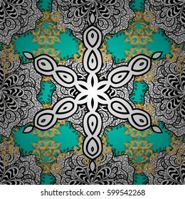 Traditional classic golden vector pattern on blue background with golden elements. Seamless oriental ornament in the style of baroque.