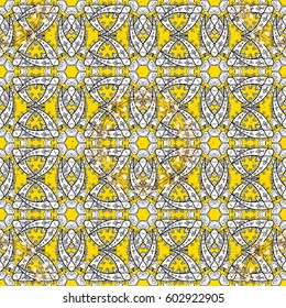 Traditional classic golden vector pattern on yellow background with golden elements. Oriental ornament in the style of baroque.