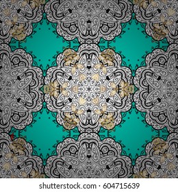 Traditional classic golden vector pattern on blue background with golden elements. Seamless oriental ornament in the style of baroque.