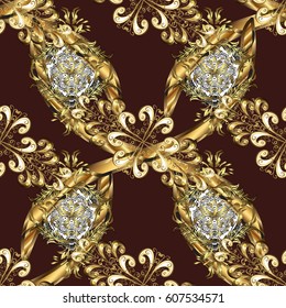 Traditional classic golden vector pattern on brown background with golden elements. Seamless oriental ornament in the style of baroque.