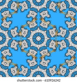 Traditional classic golden vector pattern on blue background with golden elements. Seamless oriental ornament in the style of baroque.