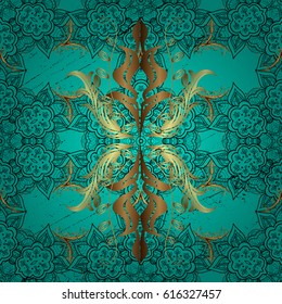 Traditional classic golden vector pattern on blue background with golden elements. Oriental ornament in the style of baroque.