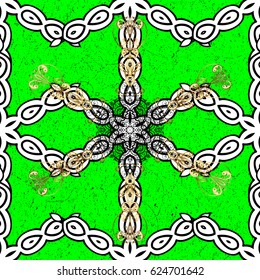 Traditional classic golden vector pattern on green background with golden elements. Oriental ornament in the style of baroque.