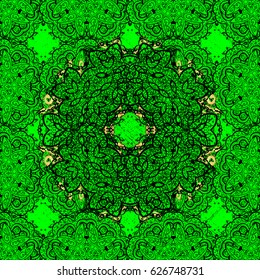 Traditional classic golden vector pattern on green background with golden elements. Oriental ornament in the style of baroque.
