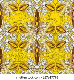 Traditional classic golden vector pattern on yellow background with golden elements. Oriental ornament in the style of baroque.