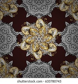 Traditional classic golden vector pattern on brown background with golden elements. Seamless oriental ornament in the style of baroque.