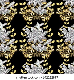 Traditional classic golden vector pattern on black background with golden elements. Seamless oriental ornament in the style of baroque.