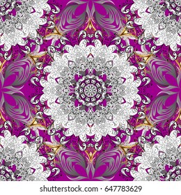 Traditional classic golden vector pattern on magenta background with golden elements. Seamless oriental ornament in the style of baroque.