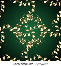 Traditional classic golden vector pattern on colorful background with golden elements. Seamless oriental ornament in the style of baroque.