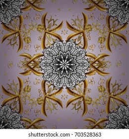 Traditional classic golden vector pattern on gray and pink background with golden elements. Seamless oriental ornament in the style of baroque.