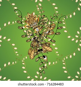 Traditional classic golden vector pattern on green, yellow and black colors with golden elements. Seamless oriental ornament in the style of baroque.