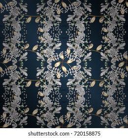Traditional classic golden vector pattern on blue, white and gray colors with golden elements. Ornamental oriental ornament in the style of baroque.