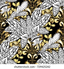 Traditional classic golden vector pattern on white, black and gray colors with golden elements. Seamless oriental ornament in the style of baroque.
