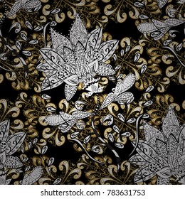 Traditional classic golden vector pattern on colors with golden elements. Seamless oriental ornament in the style of baroque.