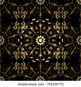 Traditional classic golden vector pattern on black colors with golden elements. Seamless oriental ornament in the style of baroque.