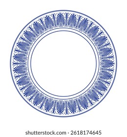 Traditional classic greek round frame arabesque. Blue white plate with floral design. Vintage greek vector frame with arabesques. Pattern frame for round surfaces, textiles, embroidery, porcelain. EPS