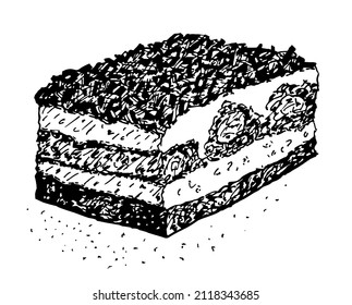 Traditional classic Italian dessert tiramisu sketch. Great for market, restaurant, cafe, food label design.