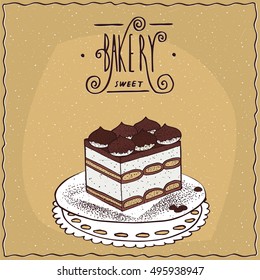 Traditional classic Italian dessert tiramisu, lie on lacy napkin. Beige background and ornate lettering bakery. Handmade cartoon style. Vector illustration